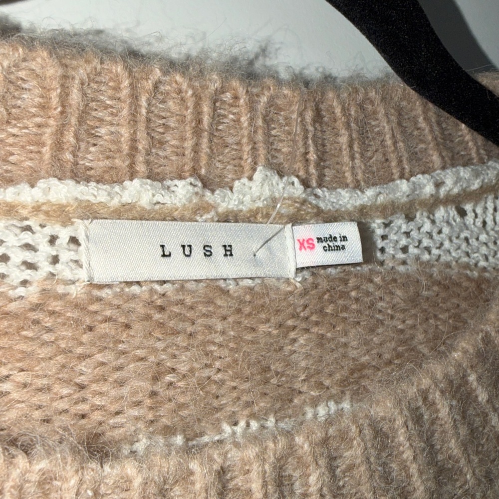 NWT Lush Tan Striped Crochet Knit Crew Neck Fuzzy Sweater - Cream Taupe Multi - Picture 4 of 6